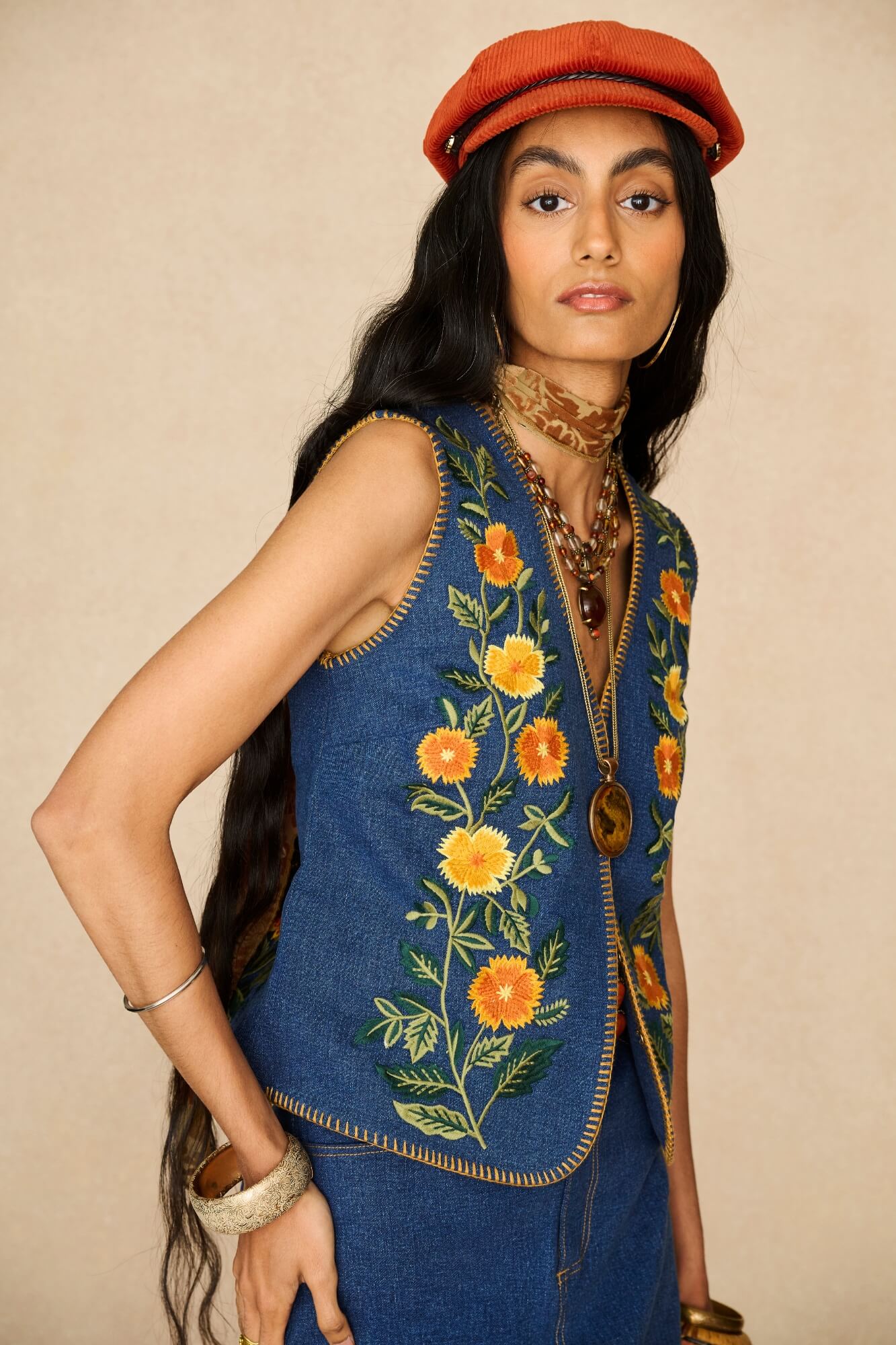 Denim Collection featuring 70s denim embroidered vest by The Hippie Shake - front view