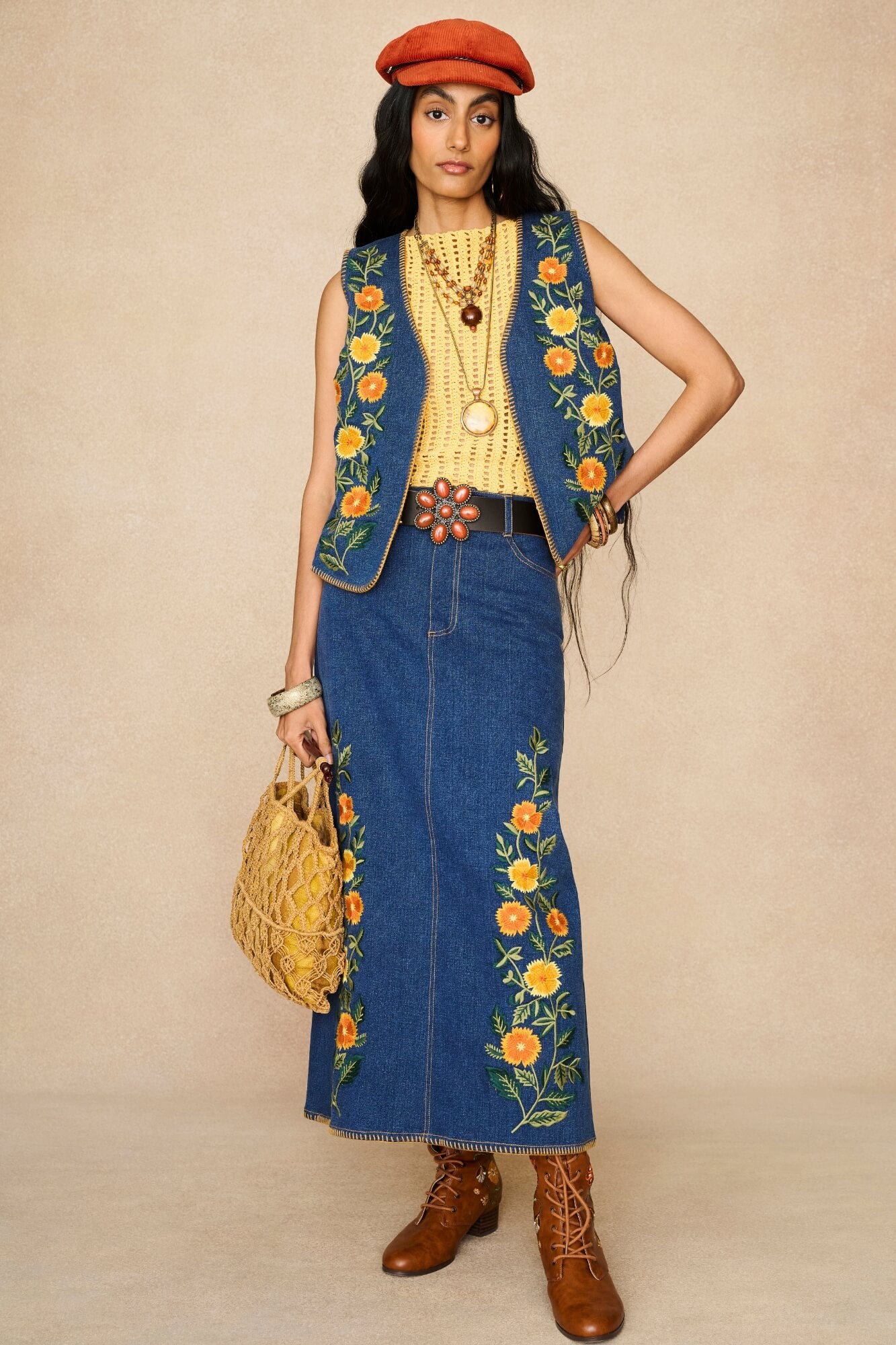 Denim Collection featuring 70s denim embroidered vest by The Hippie Shake - front view