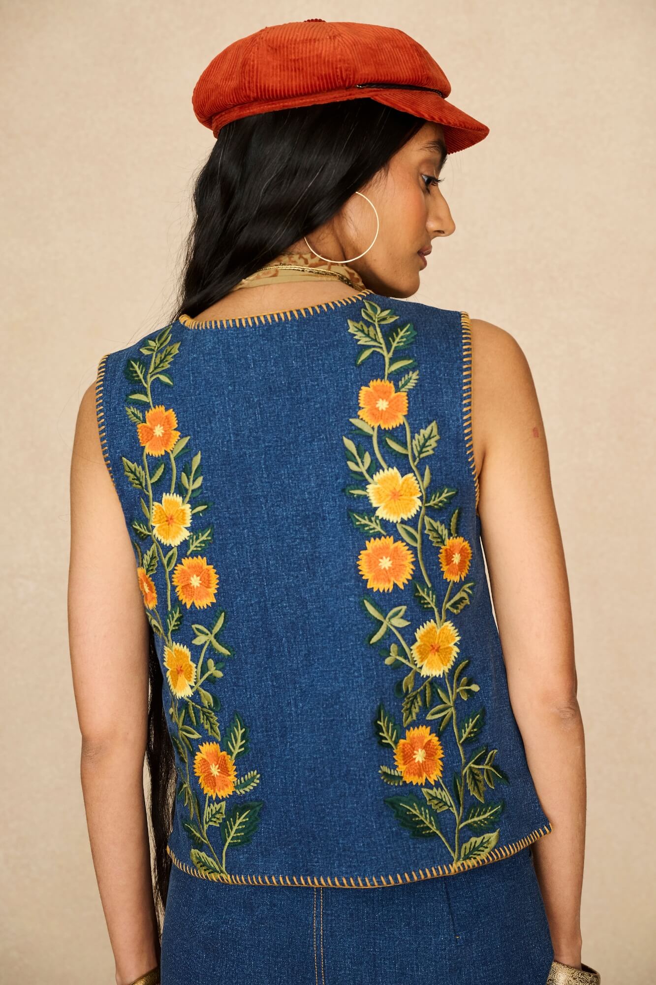 Denim Collection featuring 70s denim embroidered vest by The Hippie Shake - back view