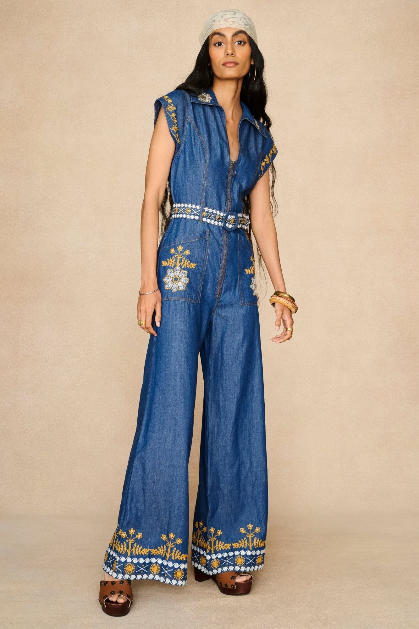 Denim Collection featuring 70s  embroidered jumpsuit by The Hippie Shake - front view