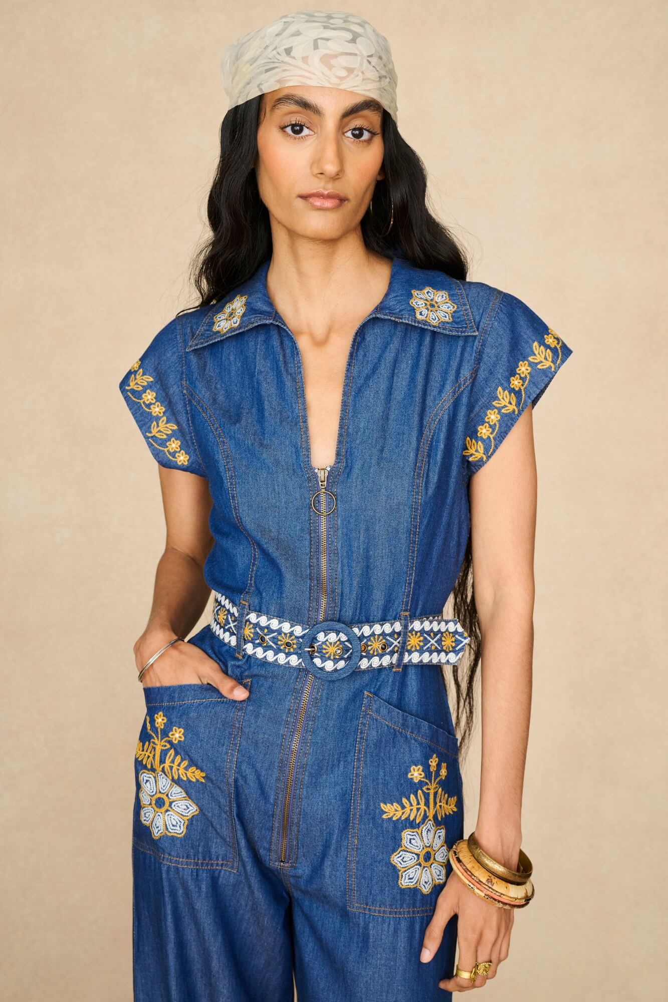 Denim Collection featuring 70s  embroidered jumpsuit by The Hippie Shake - close up