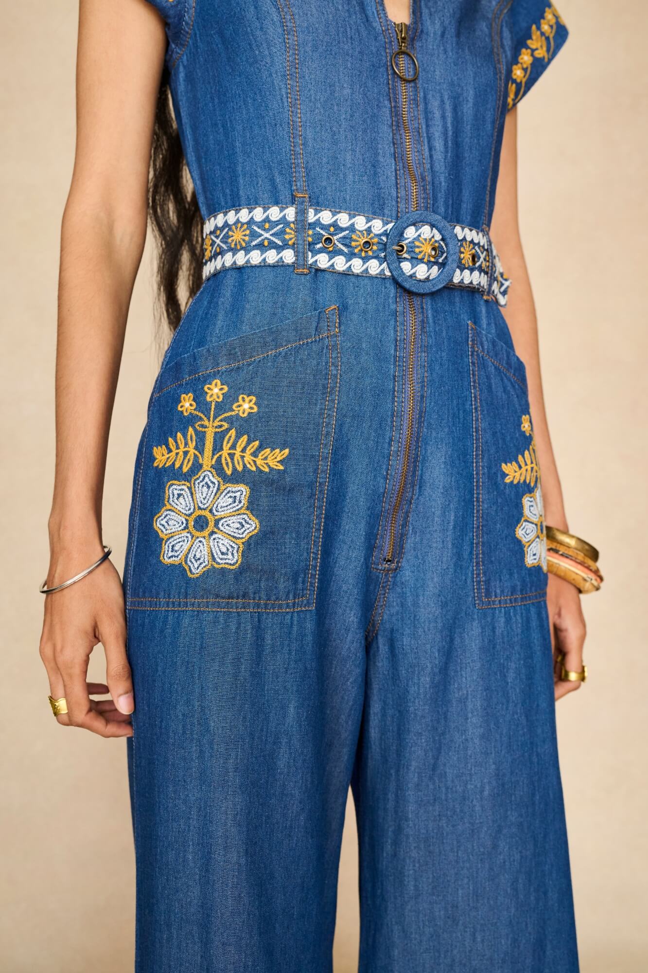 Denim Collection featuring 70s  embroidered jumpsuit by The Hippie Shake - details