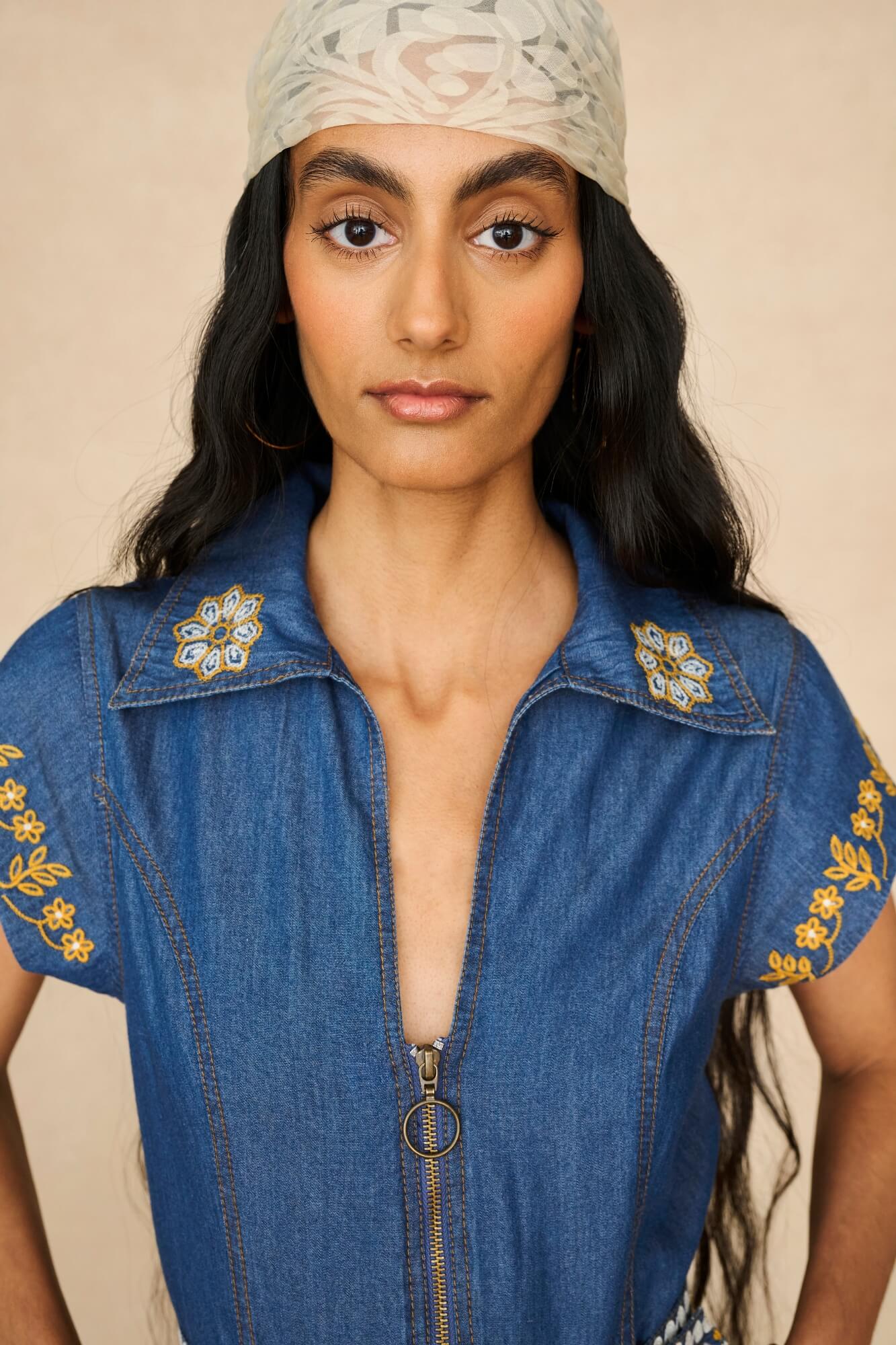 Denim Collection featuring 70s  embroidered jumpsuit by The Hippie Shake - details