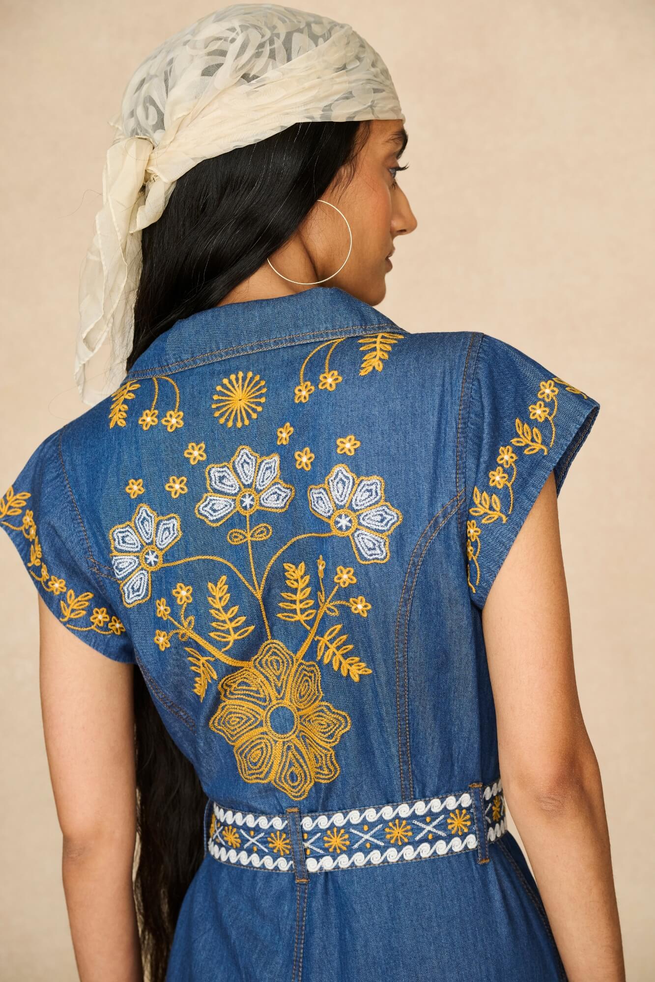 Denim Collection featuring 70s  embroidered jumpsuit by The Hippie Shake - back view
