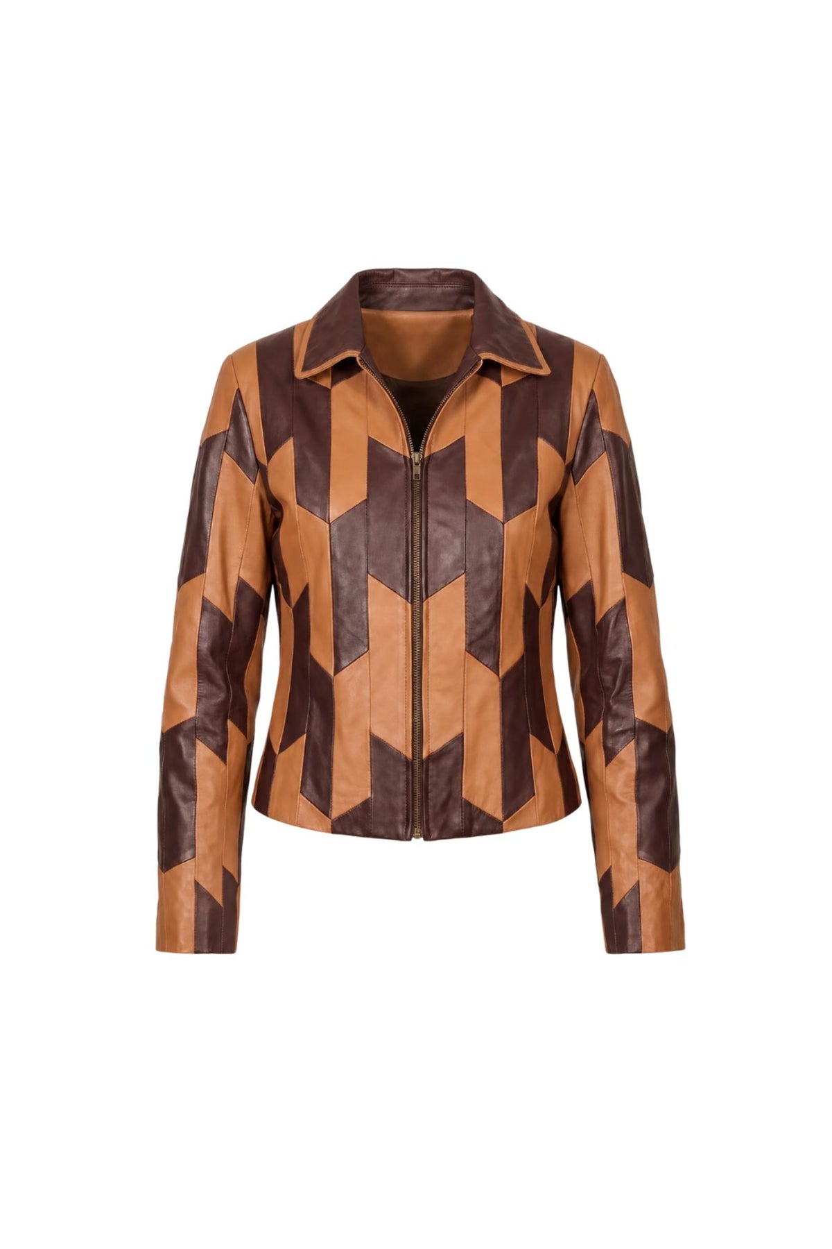 Ghost image of a women's zip-front jacket made from two-tone leather in a geometric chevron pattern of tan and dark brown by the Hippie Shake