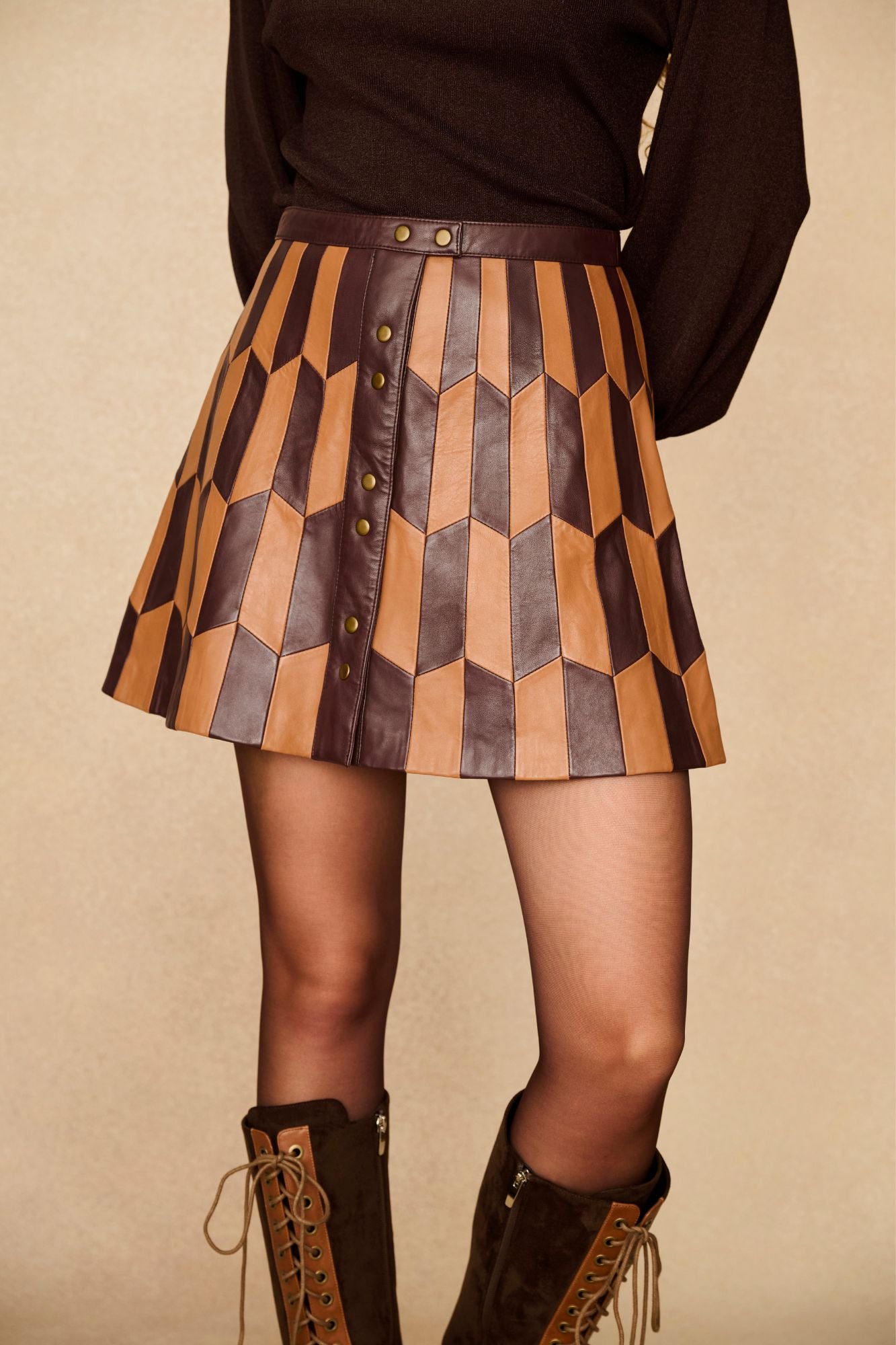 Underground Collection featuring 70s brown patterned leather skirt by The Hippie Shake