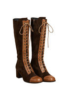 Ghost image of 70s style colour-block knee-high platform boots in tan and brown by The Hippie Shake