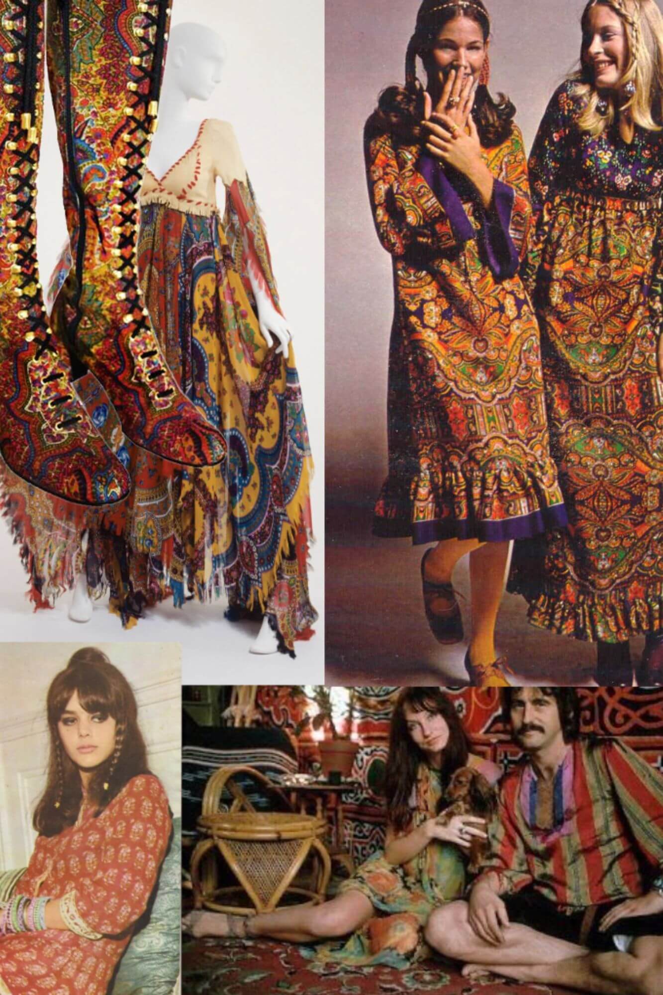 Collage of tapestry prints and vintage clothing for The Hippie Shake