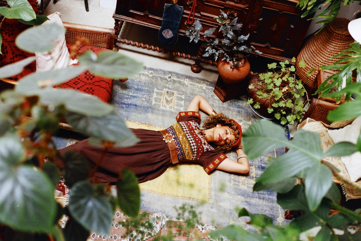Magic Carpet Ride collection featuring 70s brown maxi dress by The Hippie Shake