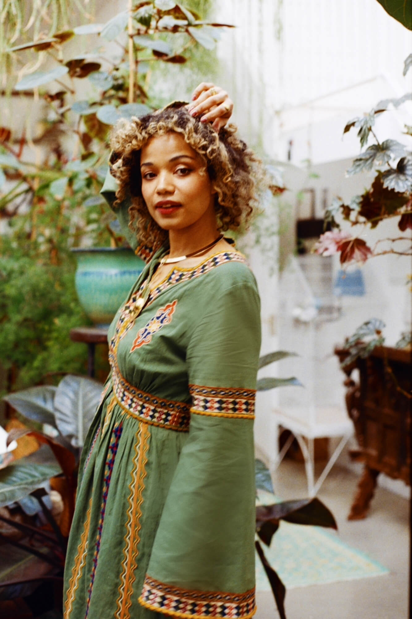 Magic Carpet Ride collection featuring 70s green embroidered dress by The Hippie Shake