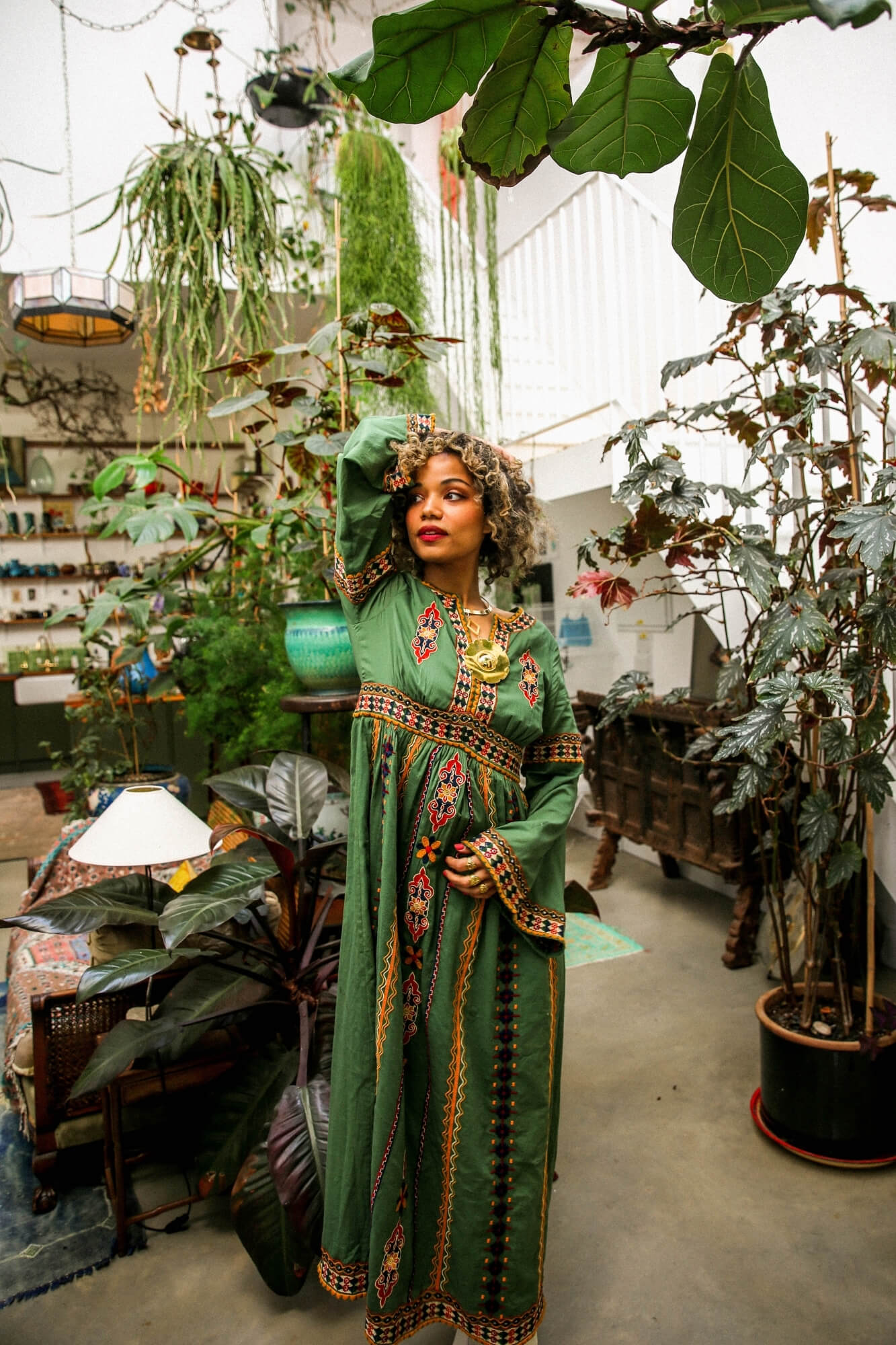 Magic Carpet Ride collection featuring 70s green embroidered dress by The Hippie Shake