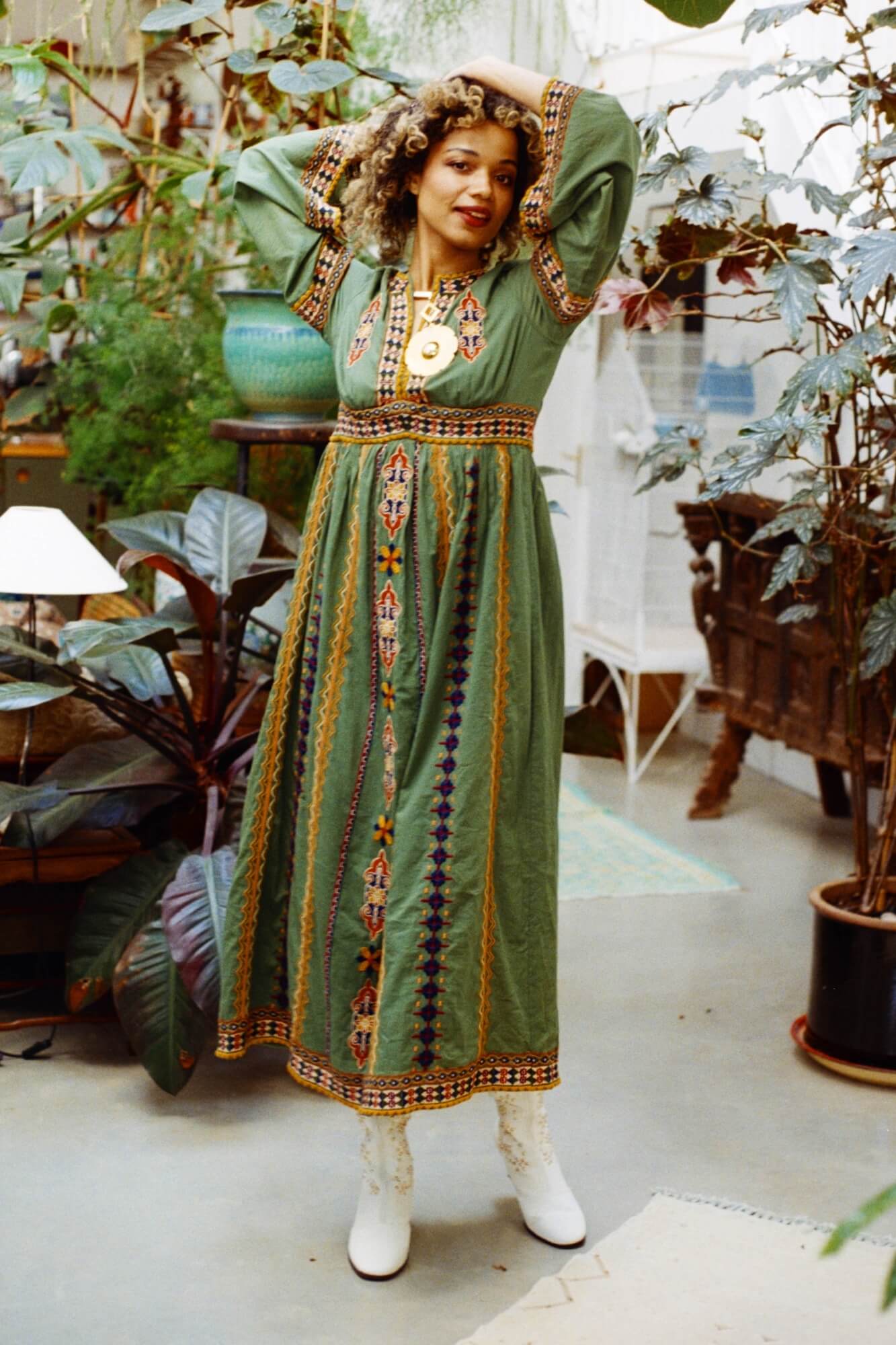 Magic Carpet Ride collection featuring 70s green embroidered dress by The Hippie Shake