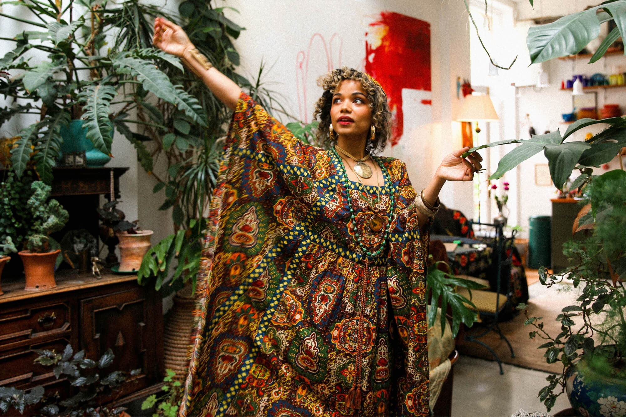 Magic Carpet Ride collection featuring 70s printed kaftan dress by The Hippie Shake