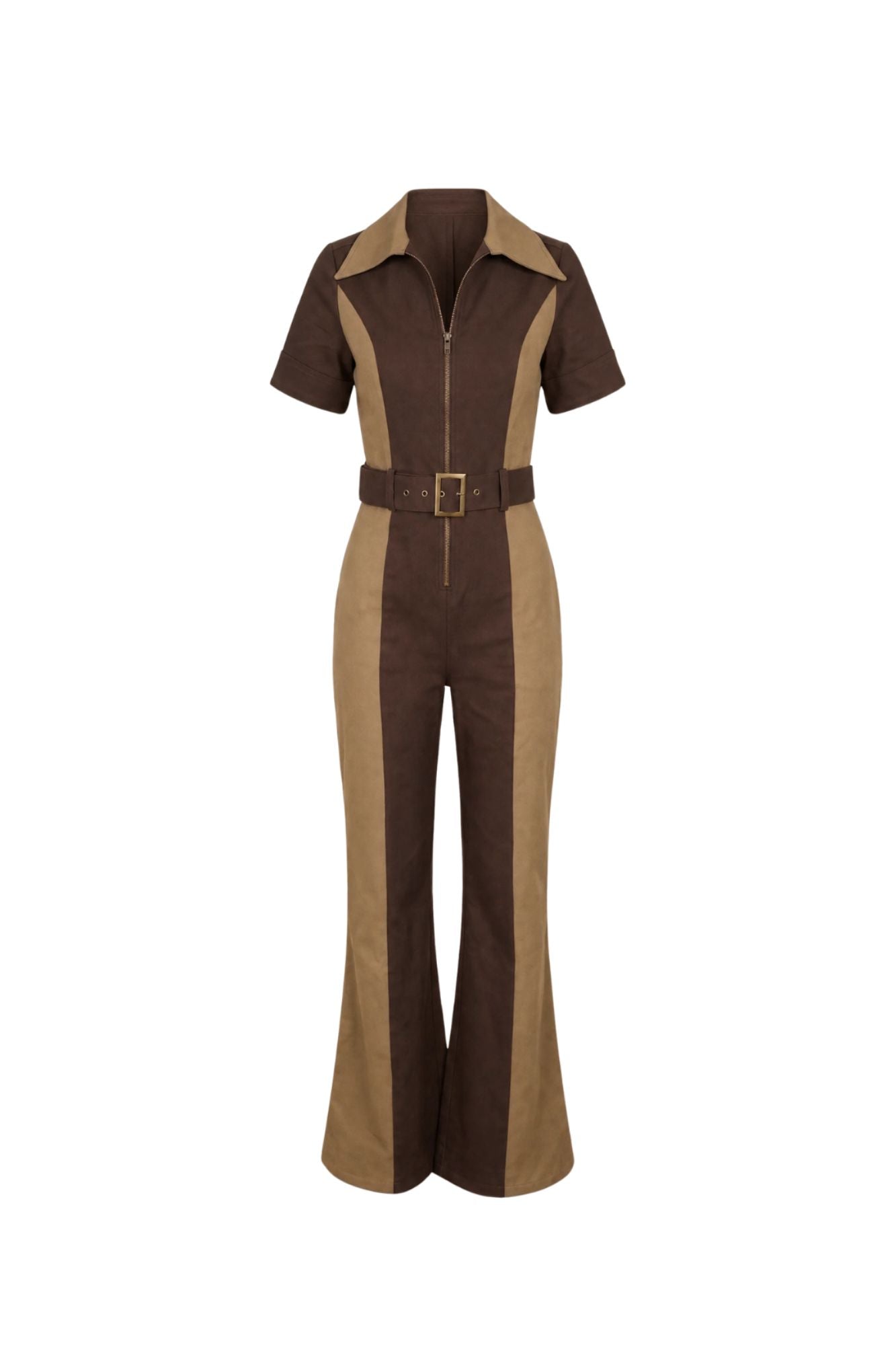Ghost image of 70s short-sleeve jumpsuit with a brown and tan color-blocked design, featuring a front zipper, a matching brown belt with a gold buckle, and flared legs by The Hippie Shake.