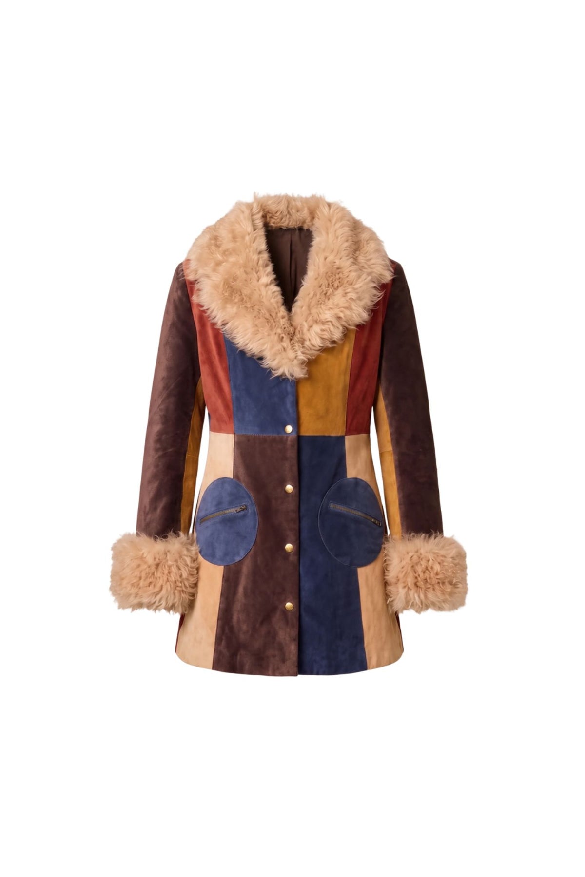 Ghost image of 70s style parchwork velvet coat with fur trim by The Hippie Shake