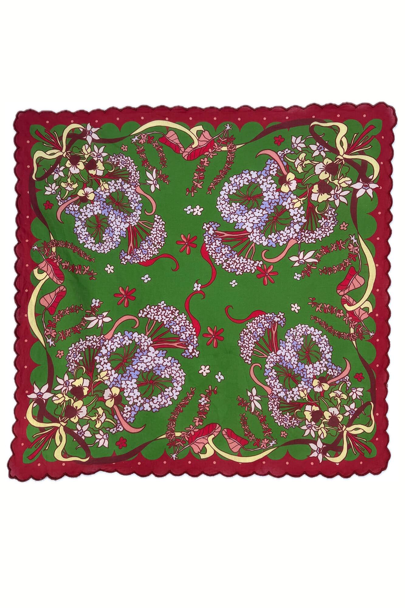 Green scarf with floral patterns and red border on a white background
