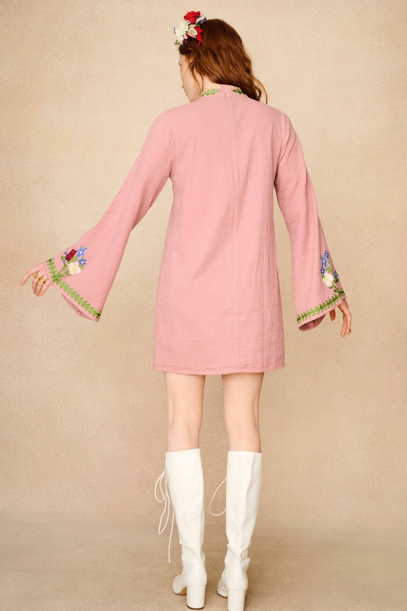 strapless open back dress Wild Rose Pink Embroidered Mini Dress