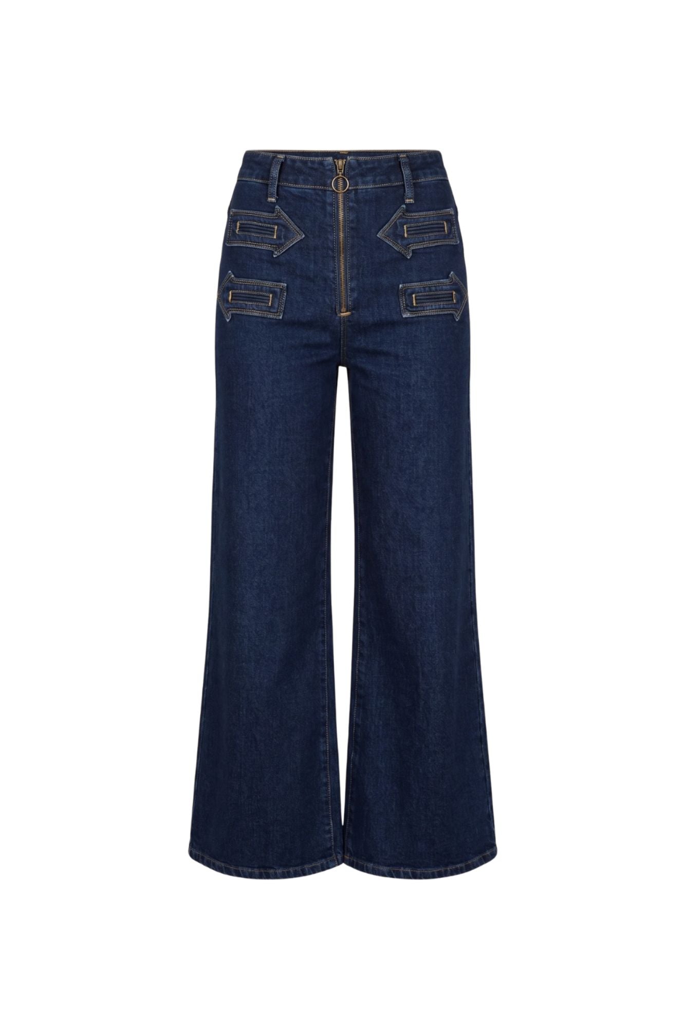Ghost image of dark blue wide-leg denim jeans with decorative contrast stitching and front patch pockets, by the Hippie Shake
