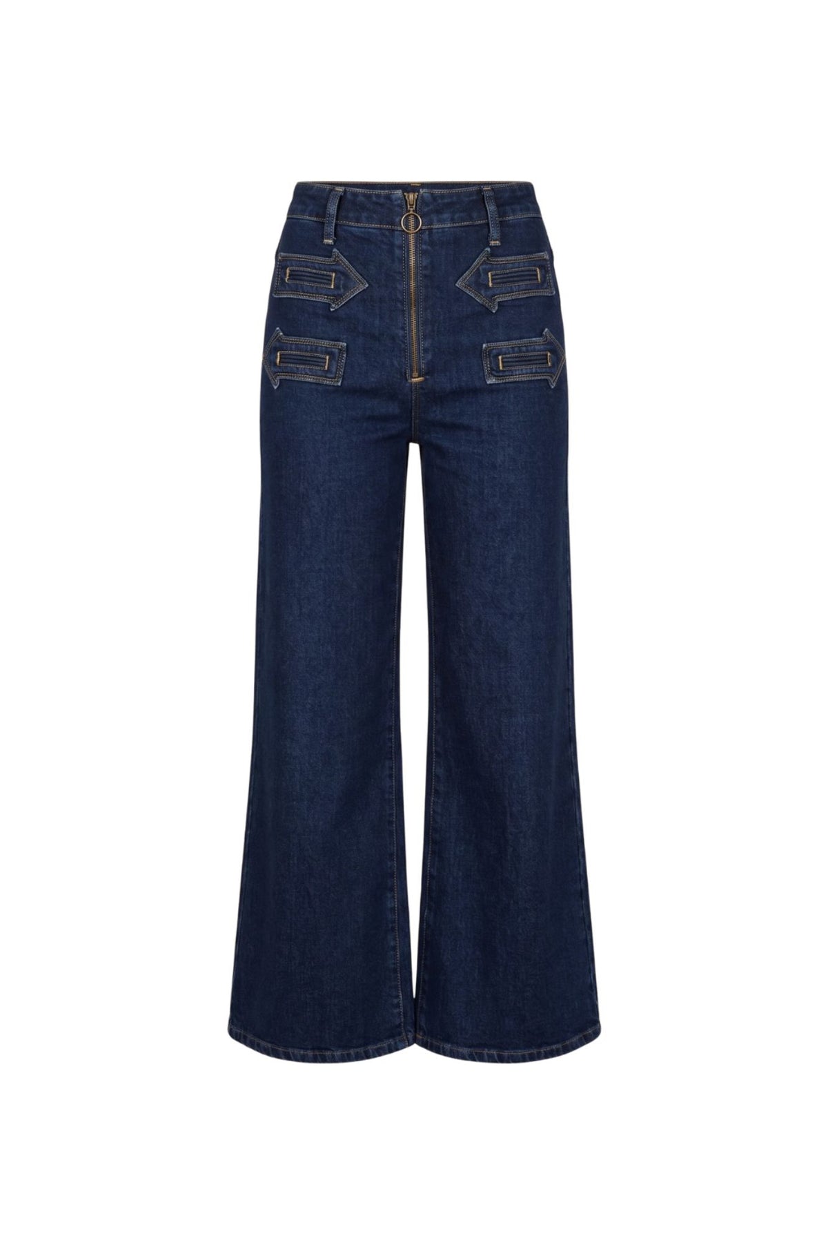 Ghost image of dark blue wide-leg denim jeans with decorative contrast stitching and front patch pockets, by the Hippie Shake
