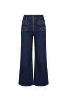 Ghost image of dark blue wide-leg denim jeans with decorative contrast stitching and front patch pockets, by the Hippie Shake