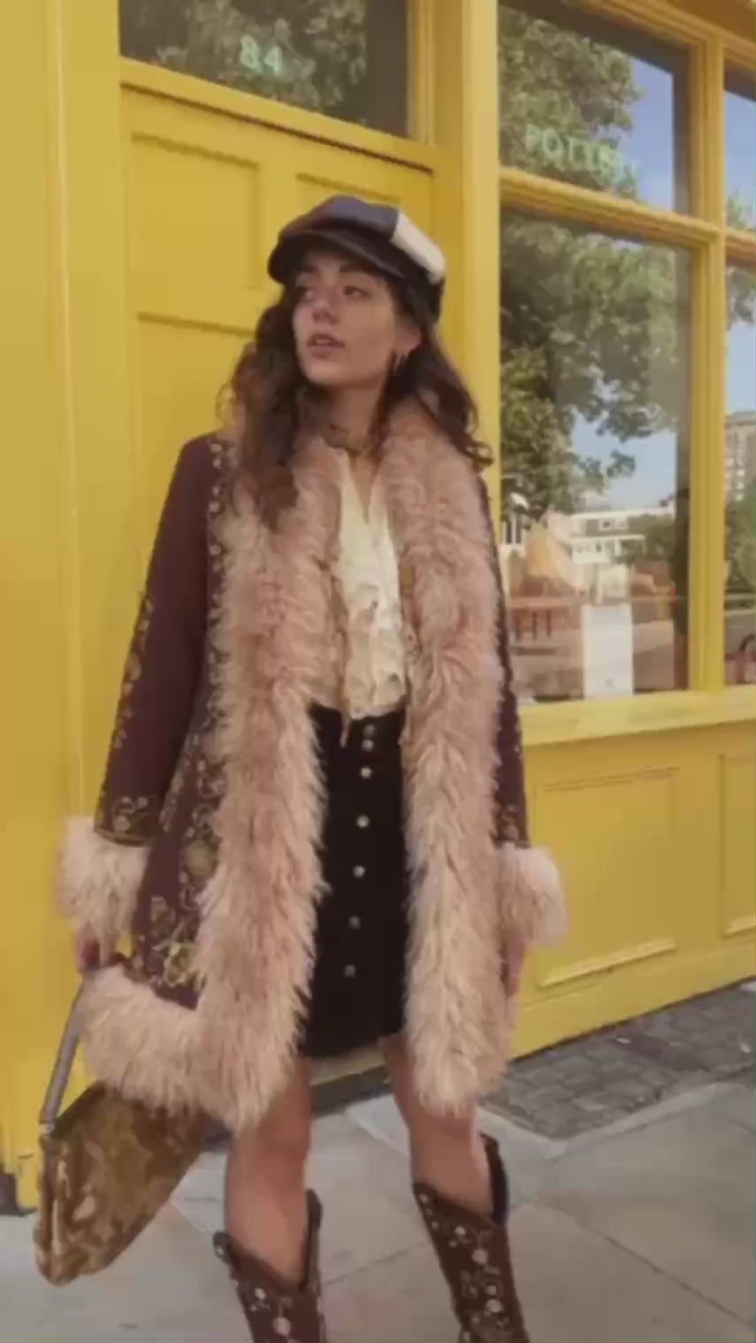 UGC of model wearing The Hippie Shake's Breaking Hearts Brown Penny Lane coat