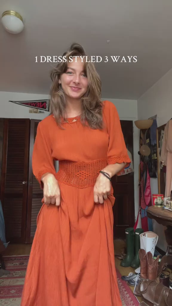 UGC of @jesskeo wearing a The Hippie Shake orange crochet dress