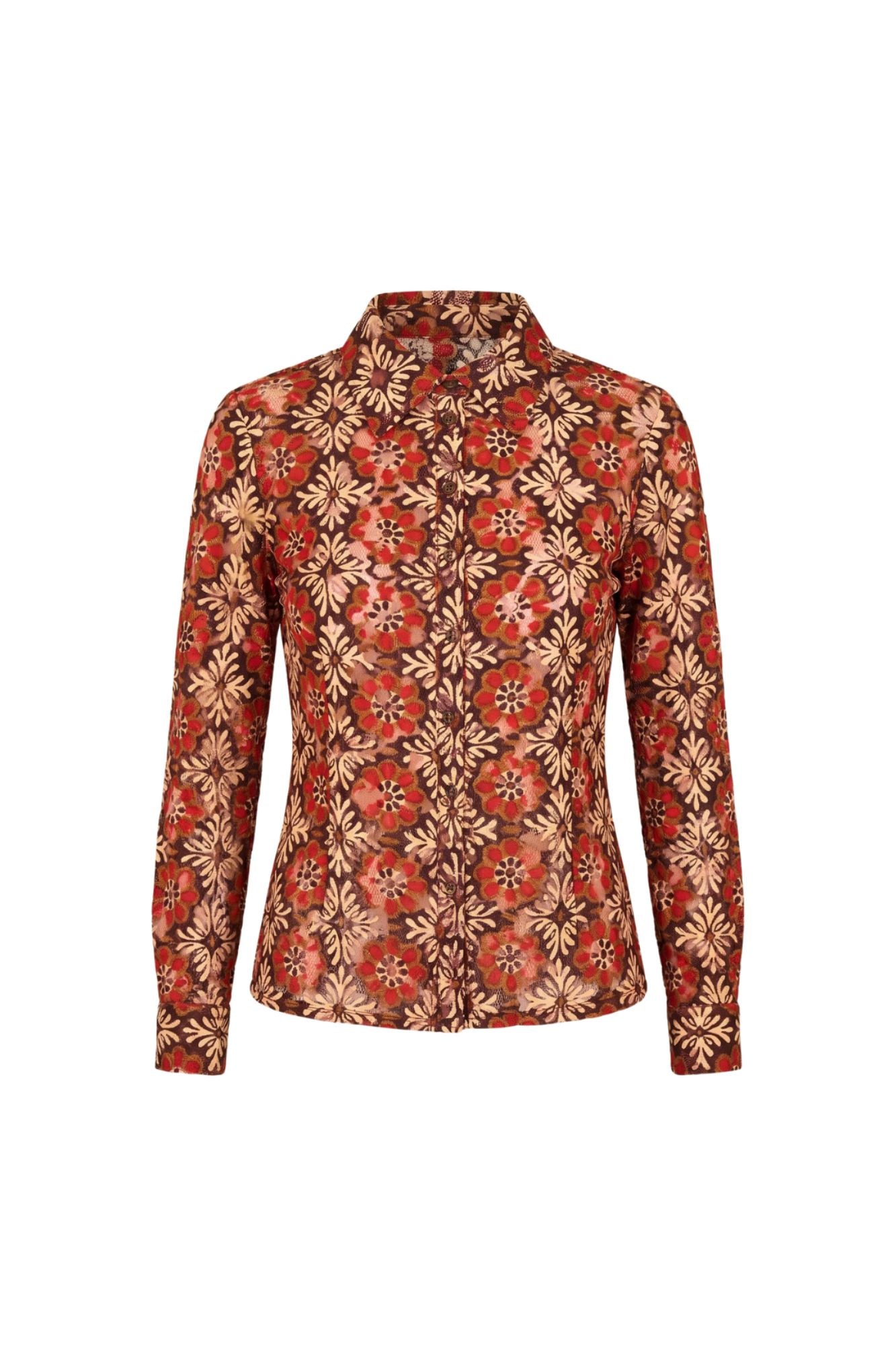 Ghost image of a long-sleeve button-up shirt with a red and beige floral pattern, by the Hippie Shake