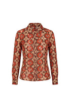 Ghost image of a long-sleeve button-up shirt with a red and beige floral pattern, by the Hippie Shake