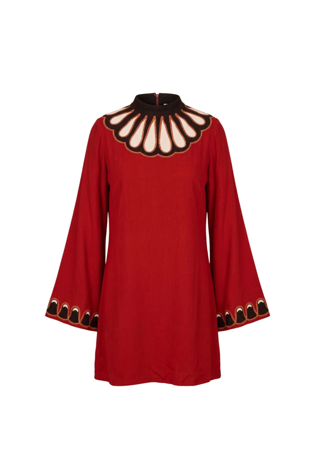 Ghost image of 70s short-sleeve jumpsuit with a red long-sleeve tunic dress with a high black collar and a decorative cream and black scalloped yoke, featuring matching black and cream scalloped trim on the cuffs, by The Hippie Shake