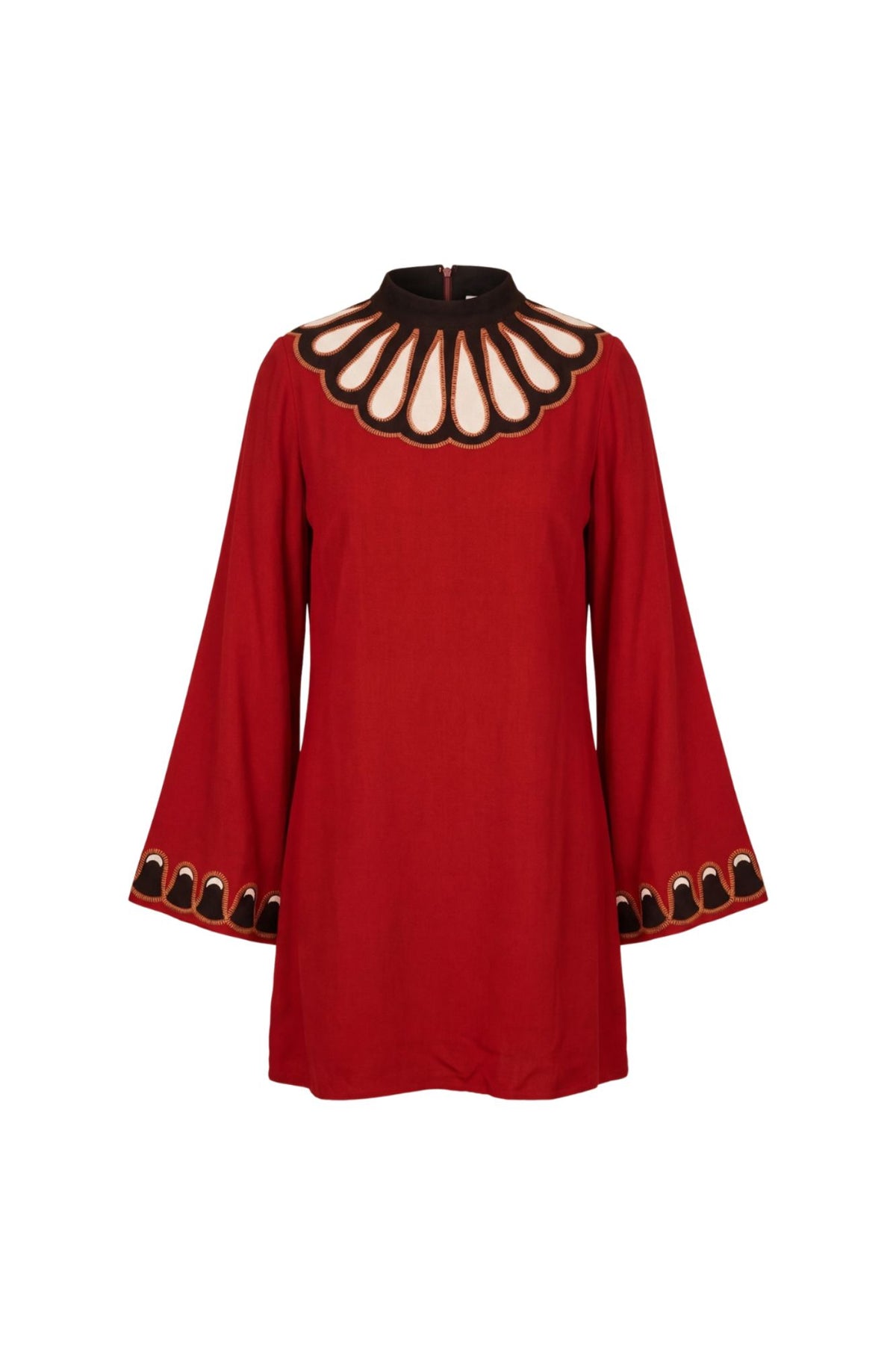 Ghost image of 70s short-sleeve jumpsuit with a red long-sleeve tunic dress with a high black collar and a decorative cream and black scalloped yoke, featuring matching black and cream scalloped trim on the cuffs, by The Hippie Shake