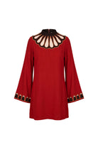 Ghost image of 70s short-sleeve jumpsuit with a red long-sleeve tunic dress with a high black collar and a decorative cream and black scalloped yoke, featuring matching black and cream scalloped trim on the cuffs, by The Hippie Shake