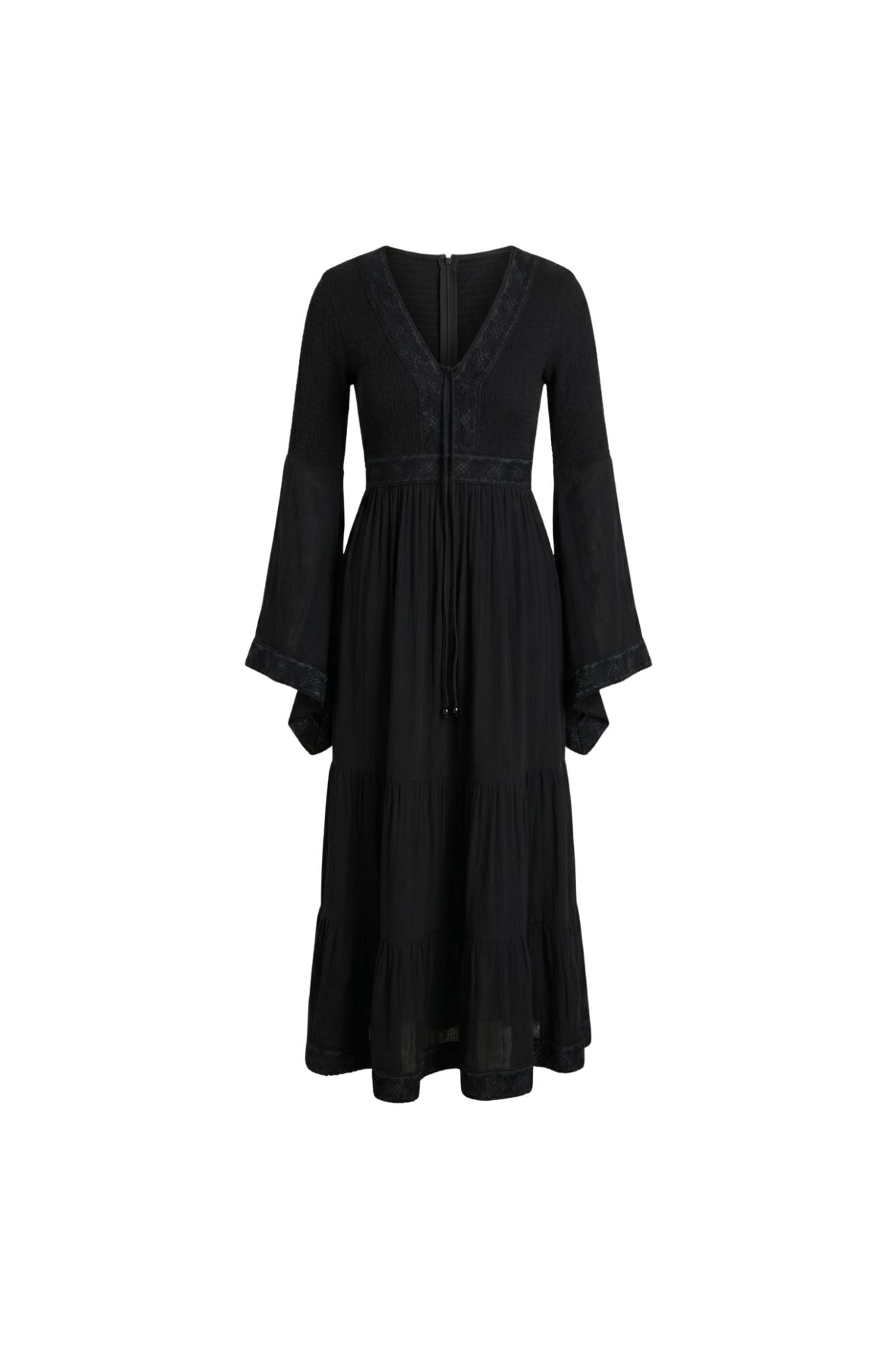 Ghost image of 70s style black Reverie flowy maxi dress by The Hippie Shake