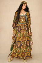 Model wearing 70s printed kaftan by The Hippie Shake, front view
