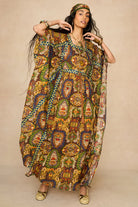 Model wearing 70s printed kaftan by The Hippie Shake, front view