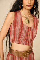 Model wearing striped vest inspired by 70s style with matching striped pants for co-ord outfit, by The Hippie Shake, close up