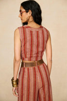 Model wearing striped vest inspired by 70s style with matching striped pants for co-ord outfit, by The Hippie Shake, back view