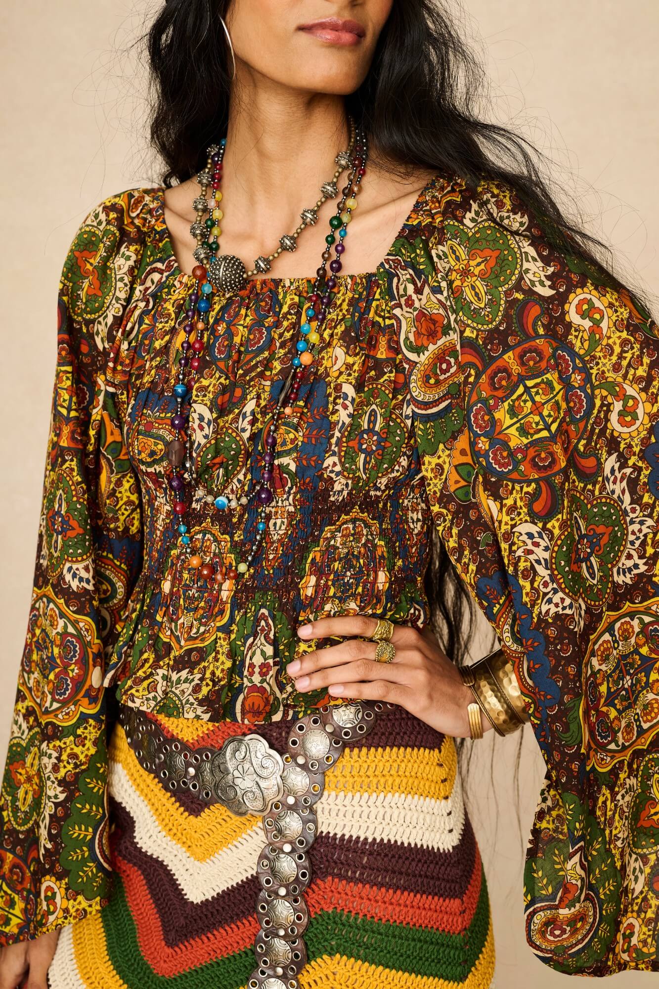 Model wearing 70s printed long sleeve top by The Hippie Shake, details