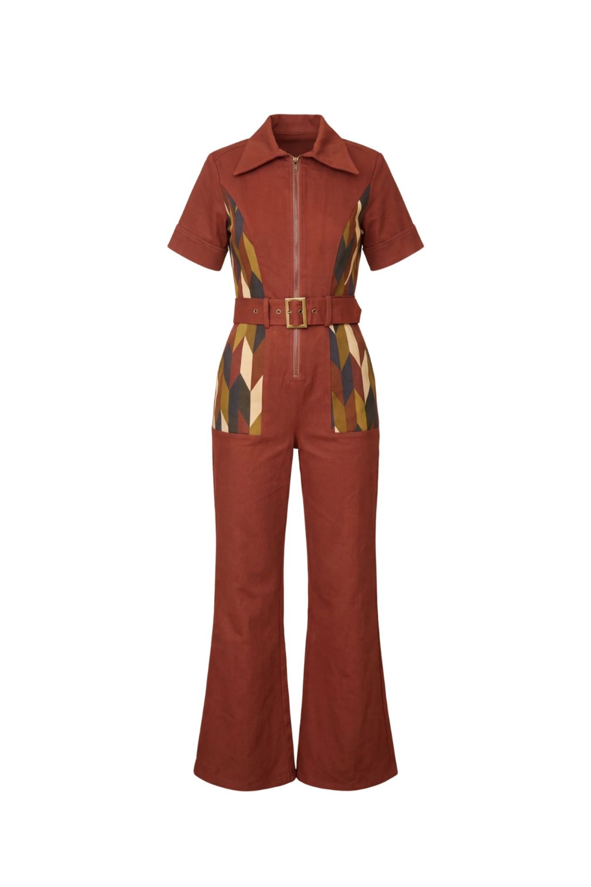 Ghost image of 70s short-sleeve jumpsuit with a red and geometric print panelled design, featuring a front zipper, a matching red belt with a gold buckle, and flared legs by The Hippie Shake.