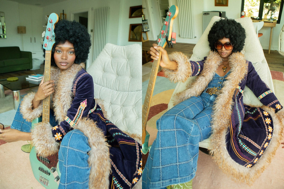 The Hippie Shake penny lane jackets collection banner with model in 70s embroidered coat