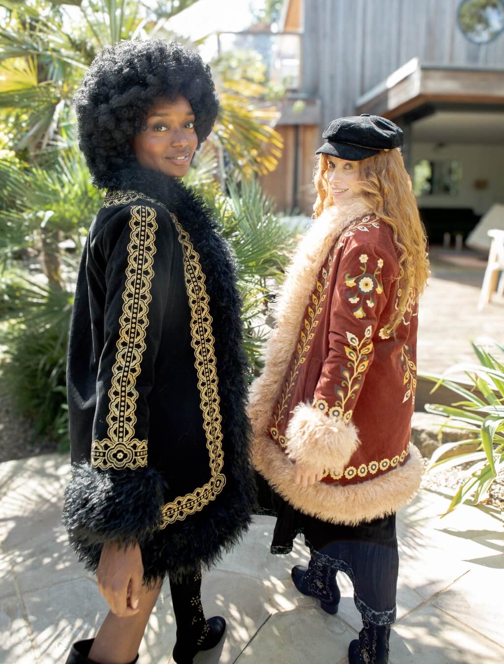 The Hippie Shake penny lane coats collection banner with models in 70s boho coats