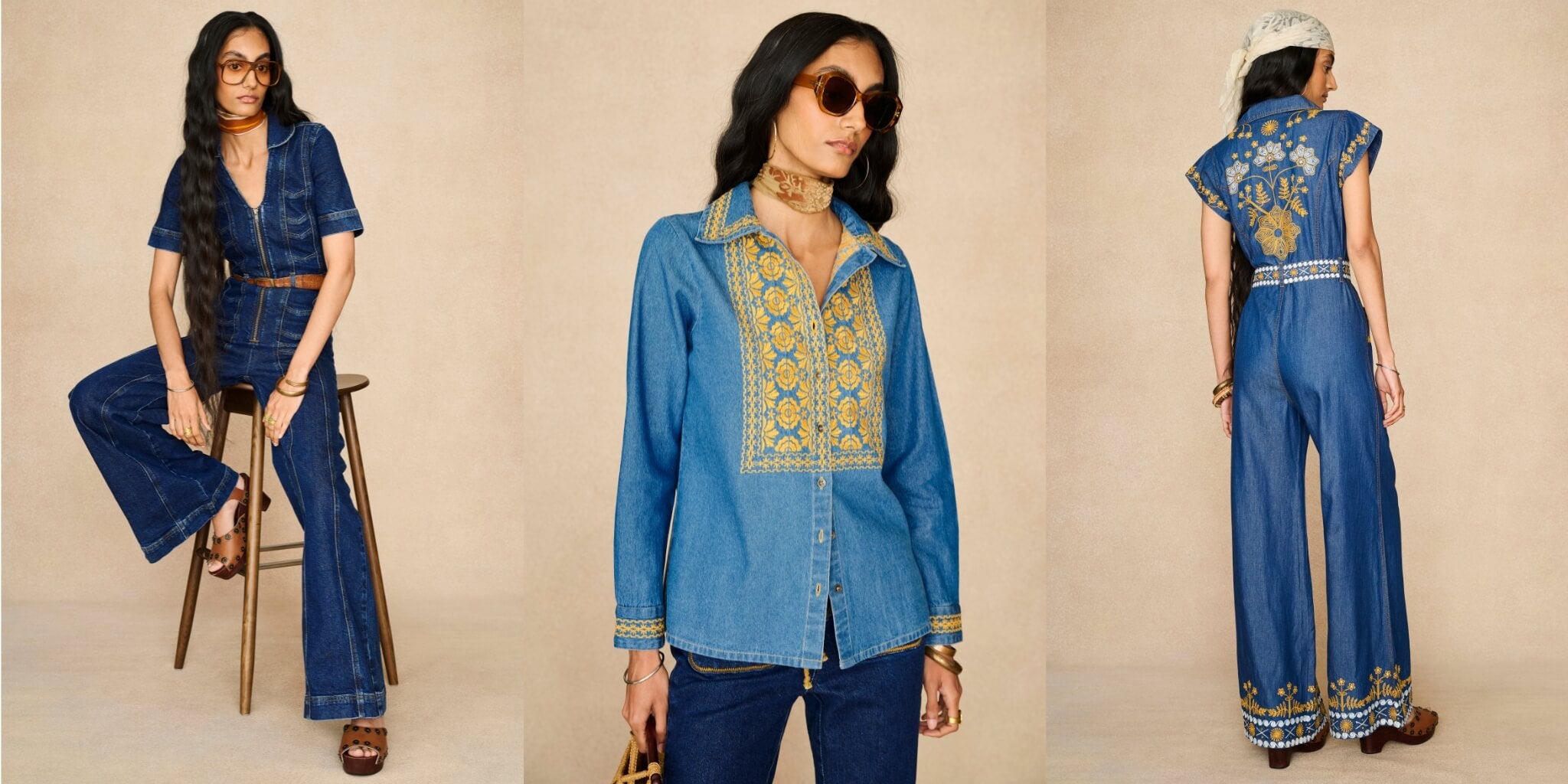 The Hippie Shake Denim Collection banner with model showcase denim jumpsuit and 70s embroidered blouse