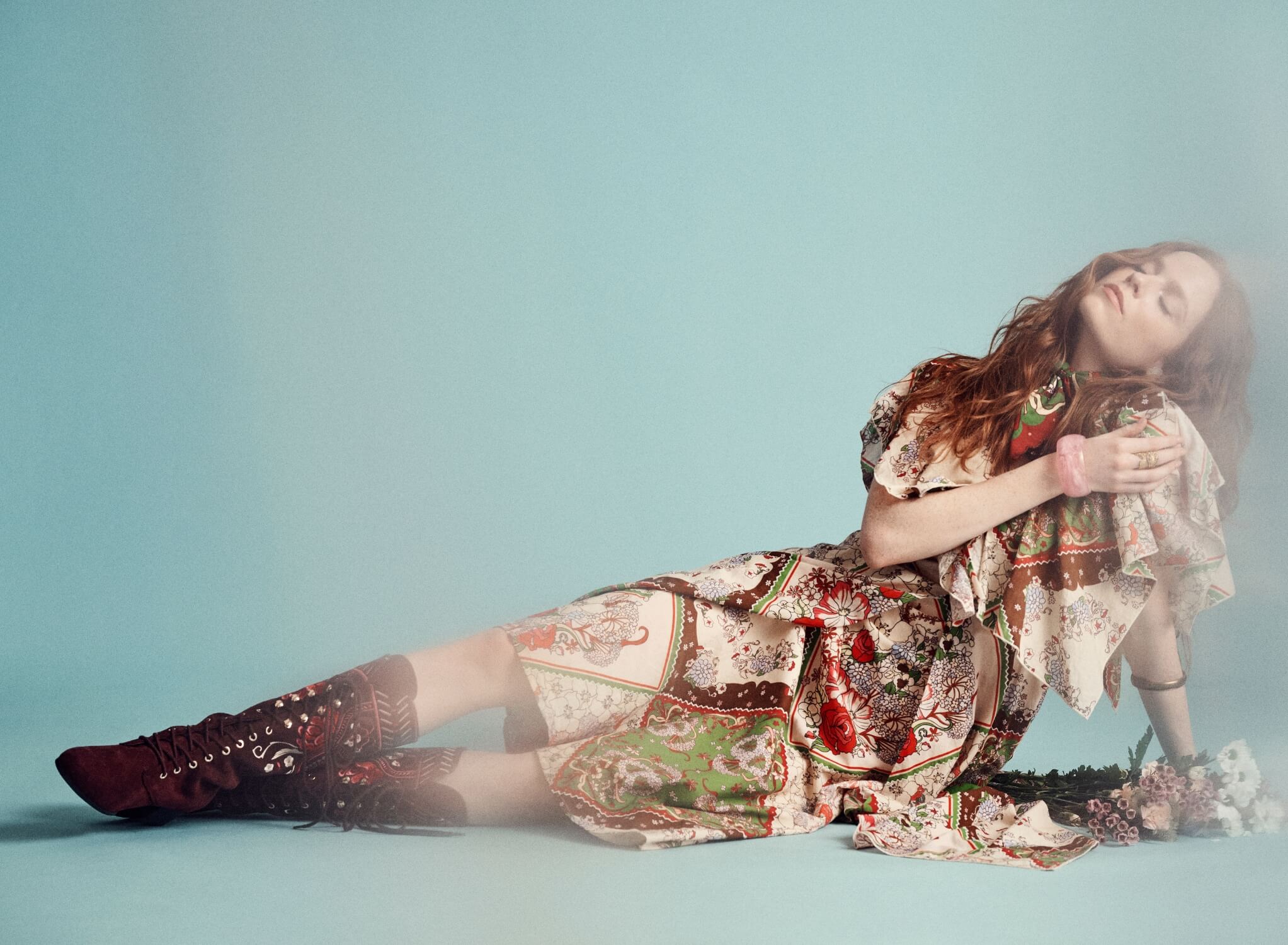 The Hippie Shake Pamela Des Barres collection banner with model in 70s handkerchief dress