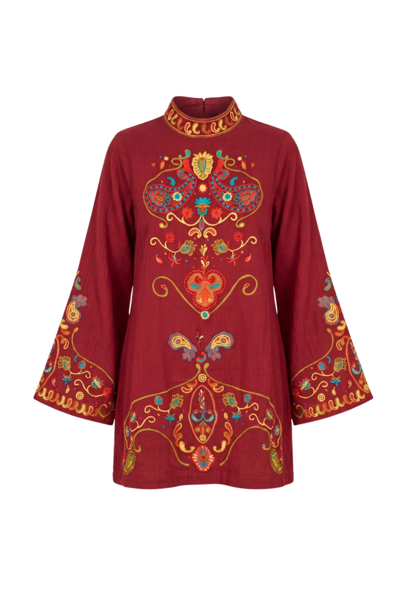 Ghost image of 70s style deep red paisley print Willow mini dress by The Hippie Shake