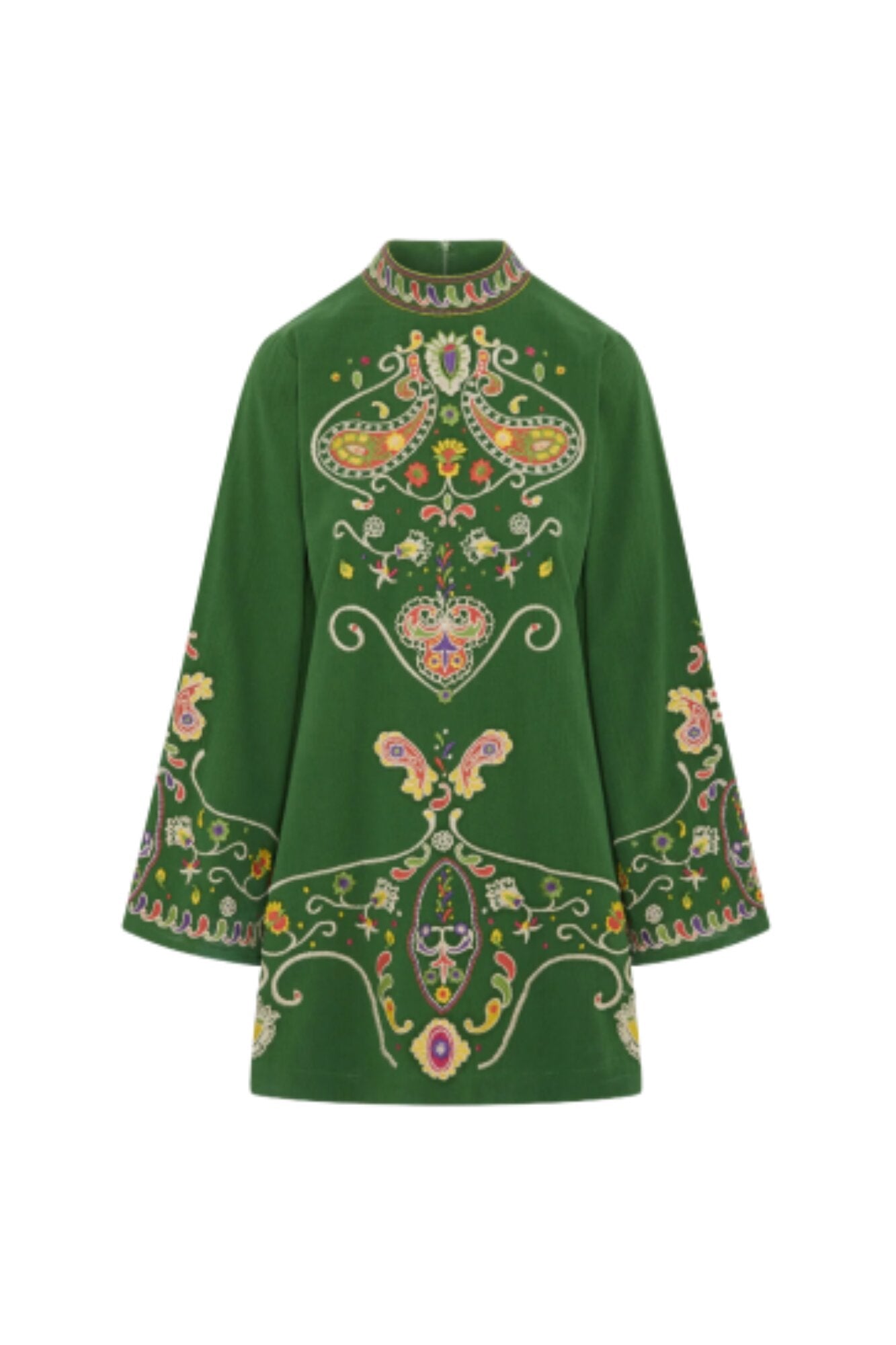 Ghost image of 70s style green paisley print Willow mini dress by The Hippie Shake