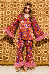 Maggie Psychedelic Cloud Faux Feather Trim Trousers - Trousers