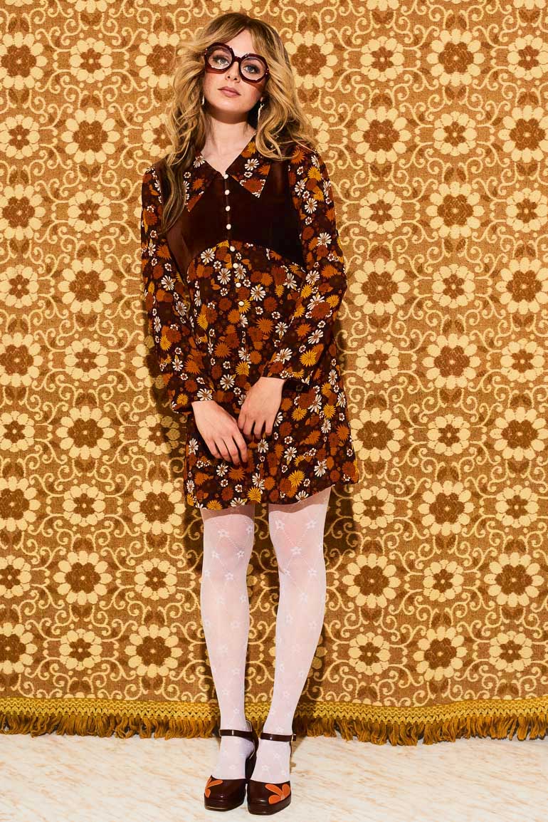 Elenore Brown Floral Velvet Bodice Mini Dress - Dresses