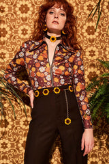 Joni Brown Floral Zip Body - Blouses & Tops