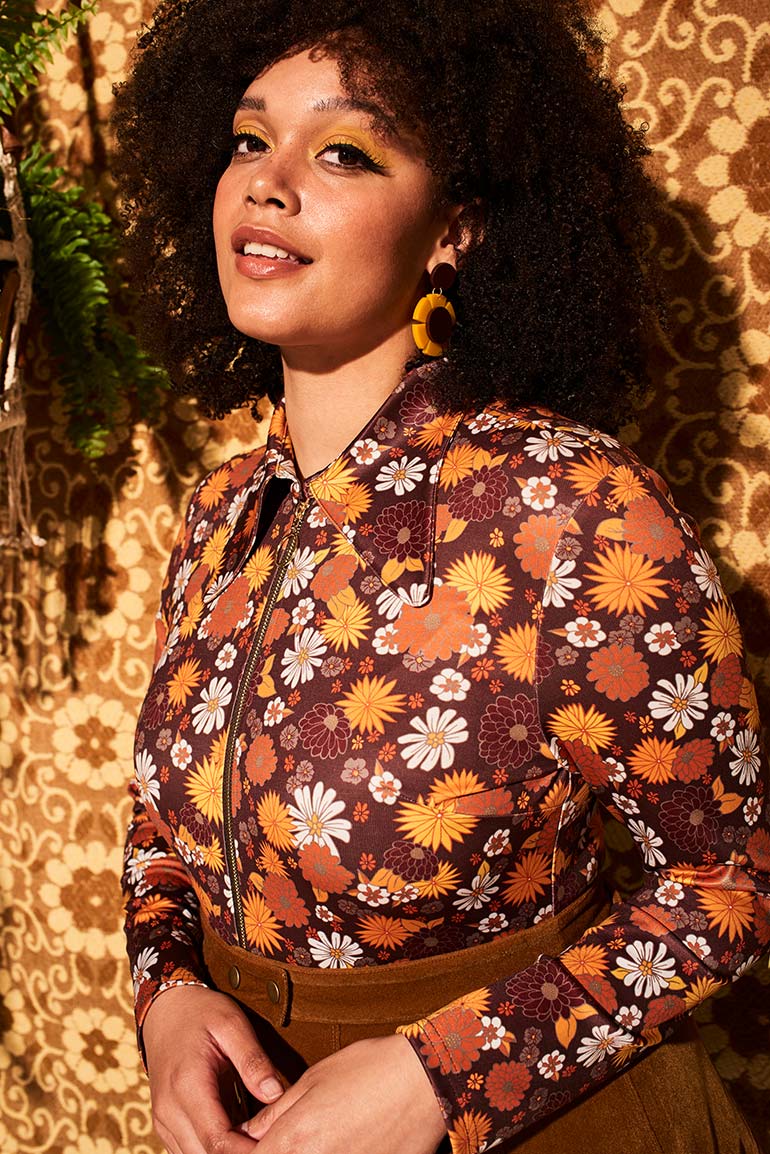 Joni Brown Floral Zip Body - Blouses & Tops