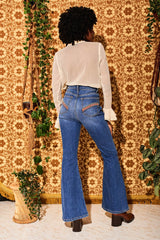 Little Girl Blue Floral Embroidered Denim Flared Jeans - Trousers