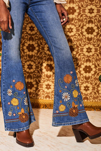 Little Girl Blue Floral Embroidered Denim Flared Jeans - Trousers
